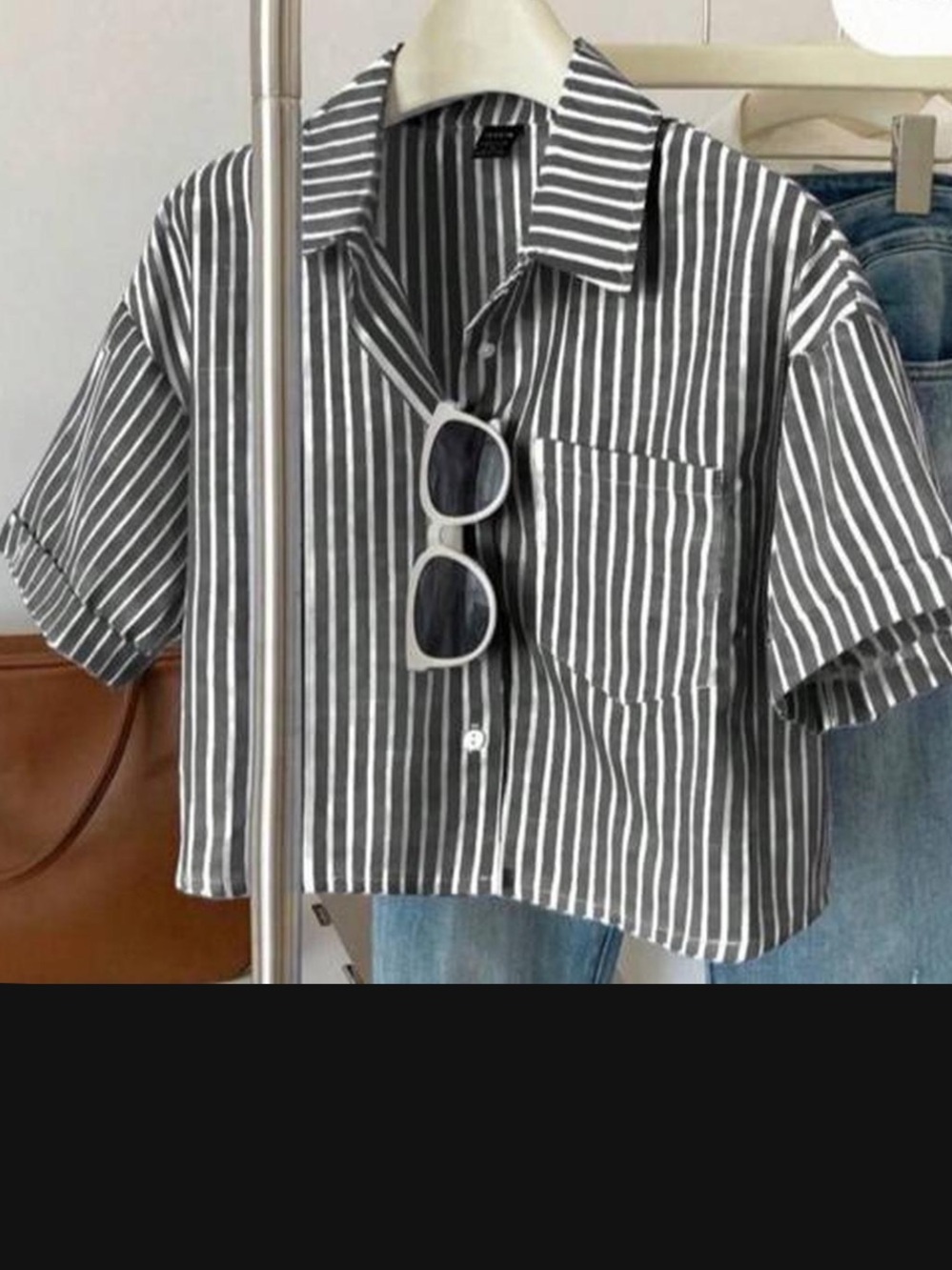 Striped Short-Sleeve Crop top Shirt - Grey/White - Picture 4 of 5